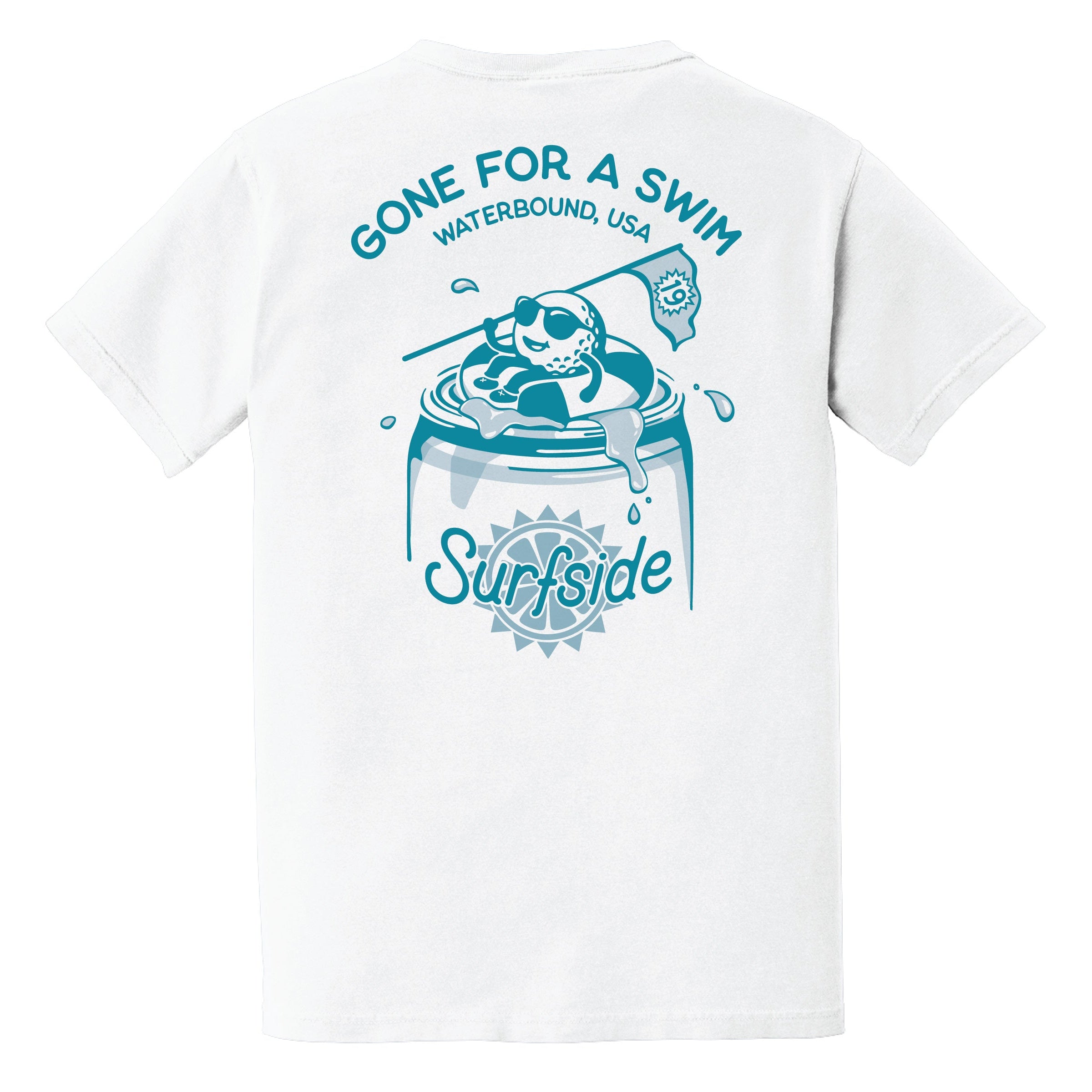 White t-shirt with blue graphic and text '19th Hole Gone for a Swim Waterbound, USA Surfside' on a white background