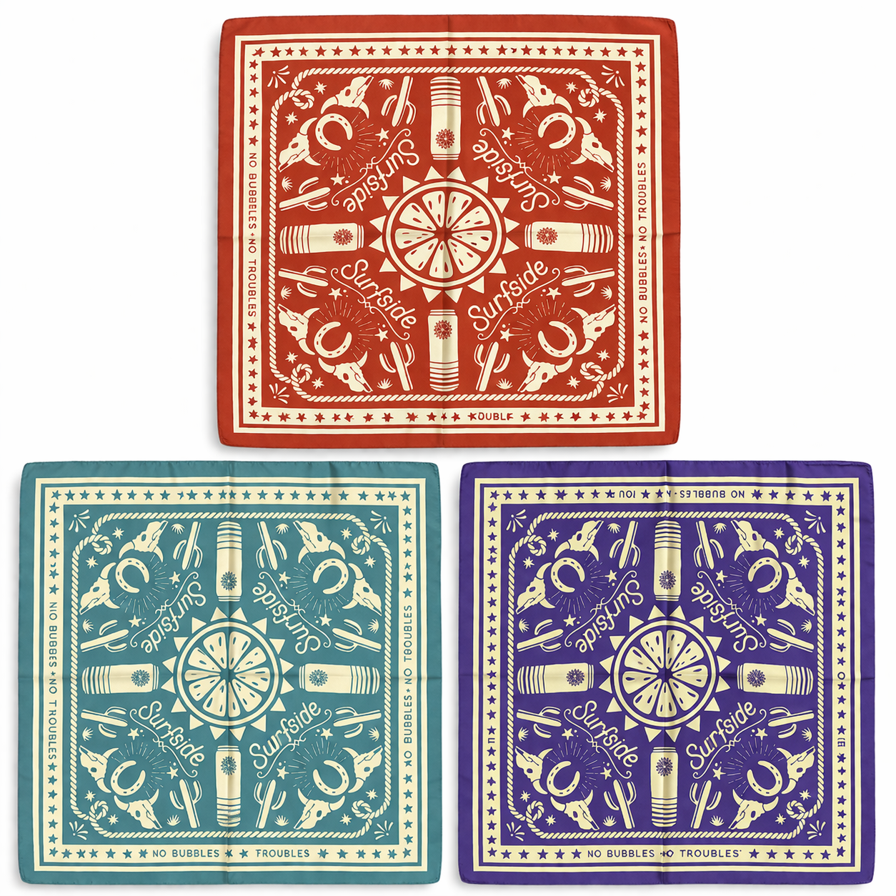 Three western themed bandanas with different color schemes and designs on a white background
