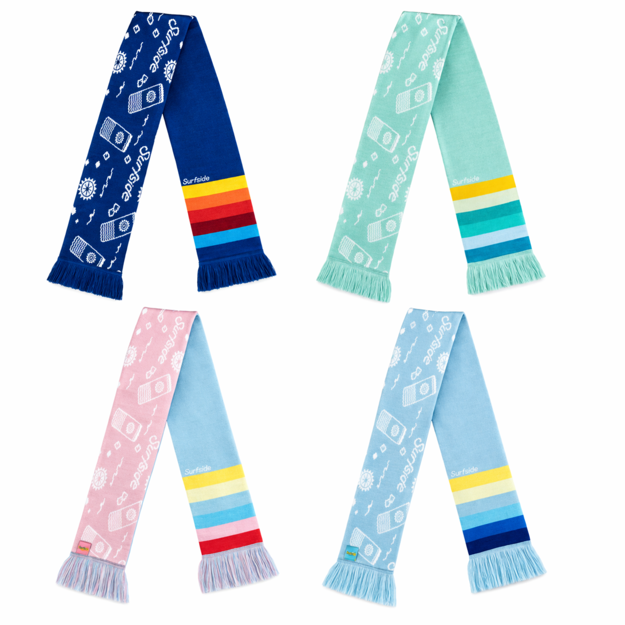 Four colorful scarves with patterned Surfside designs on a white background