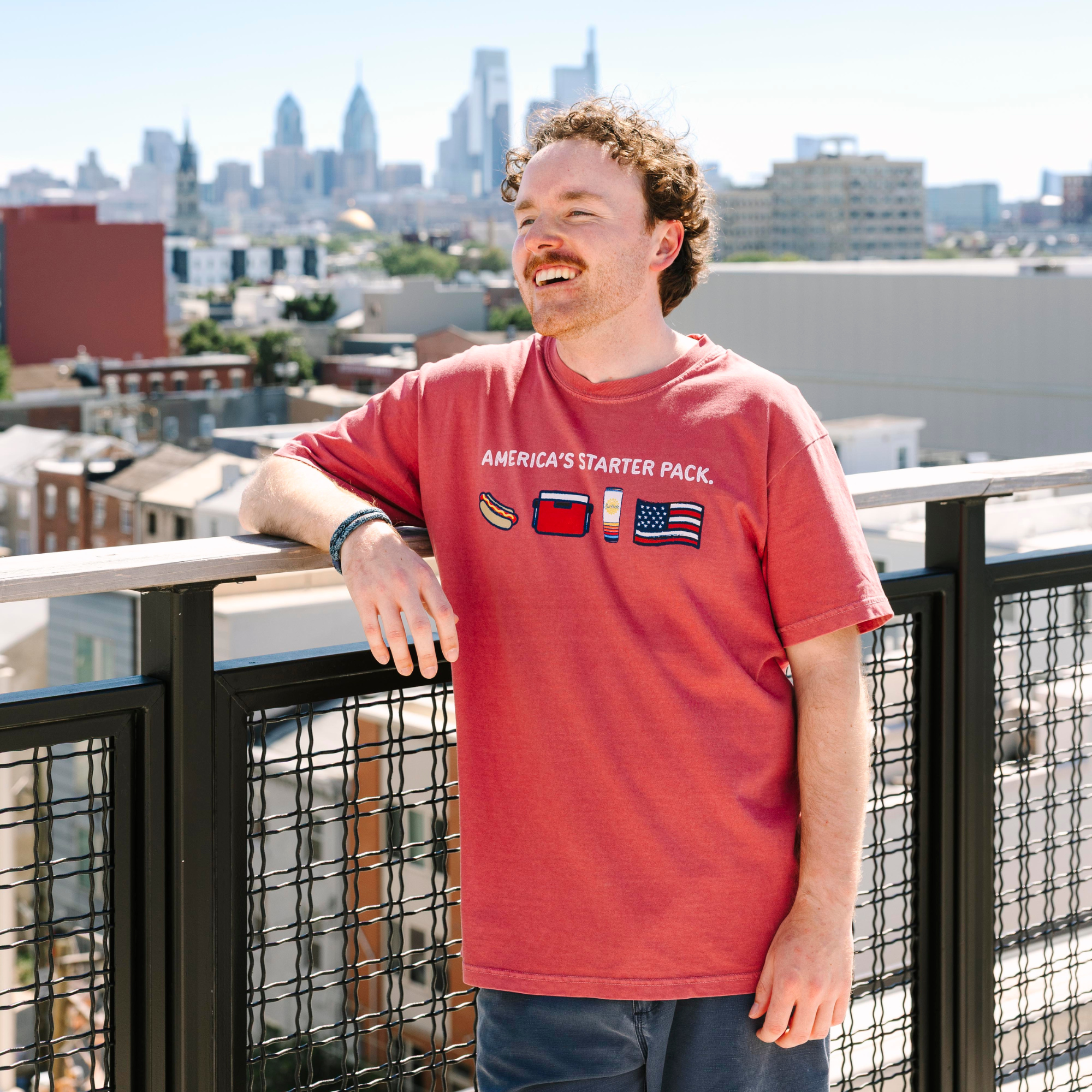 Man wearing a red t-shirt with 