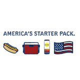 Illustrations of a hot dog, cooler, Surfside can, and American flag with text 'AMERICA'S STARTER PACK.' on a white background.
