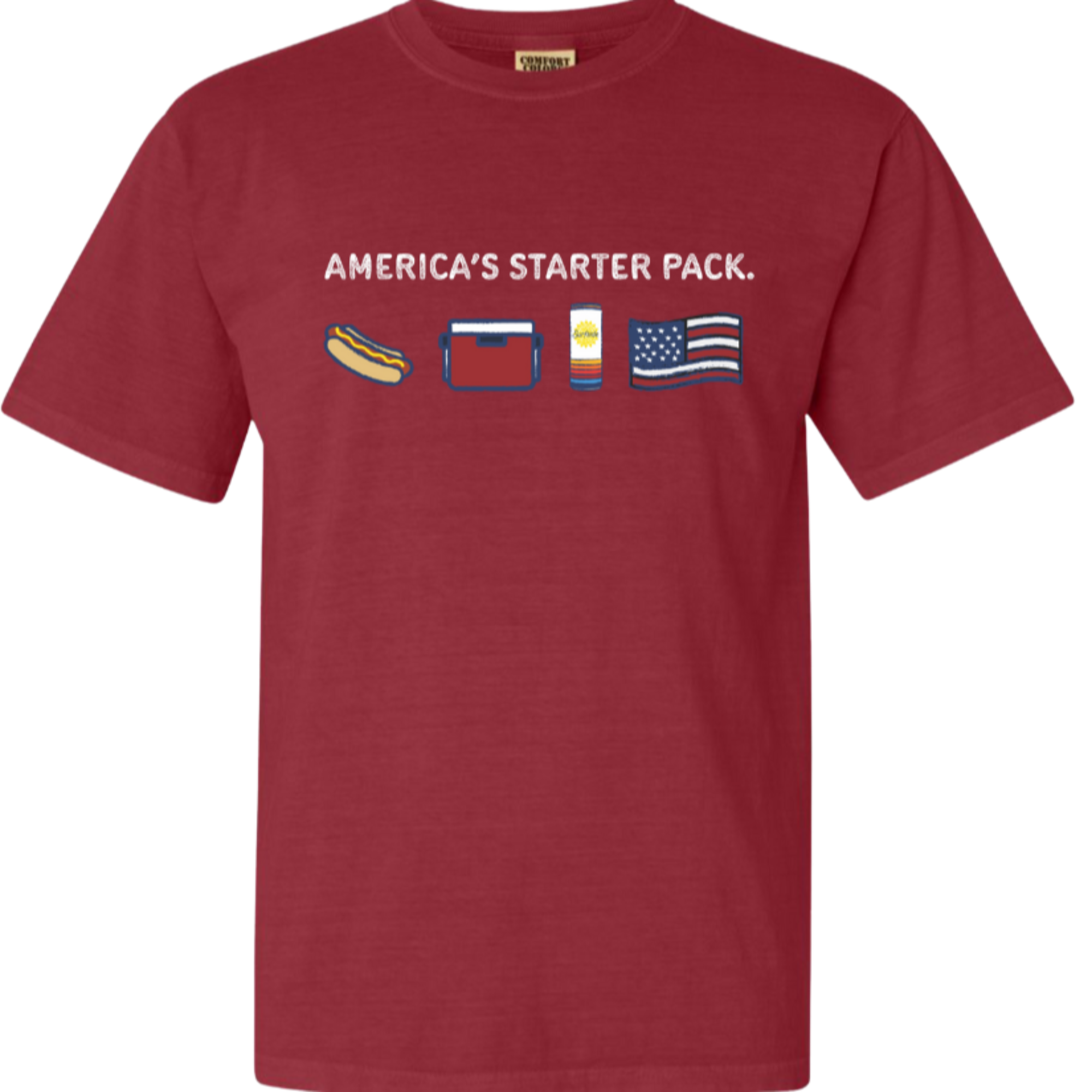 Red t-shirt with 'America's Starter Pack' featuring a hotdog, red cooler, Surfside can, and American flag graphic on a white background