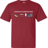 Red t-shirt with 'America's Starter Pack' featuring a hotdog, red cooler, Surfside can, and American flag graphic on a white background