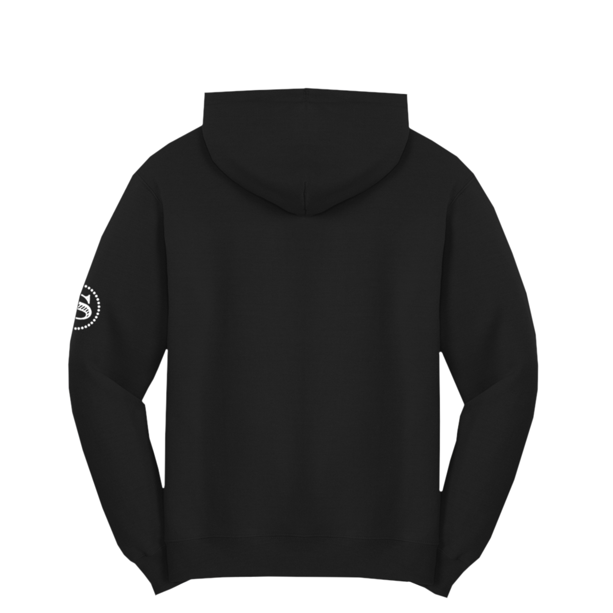 Back of the black Stateside Vodka hoodie featuring the Stateside logo on the left arm on a white background
