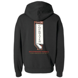 Black hoodie with a graphic design on the back on a white background