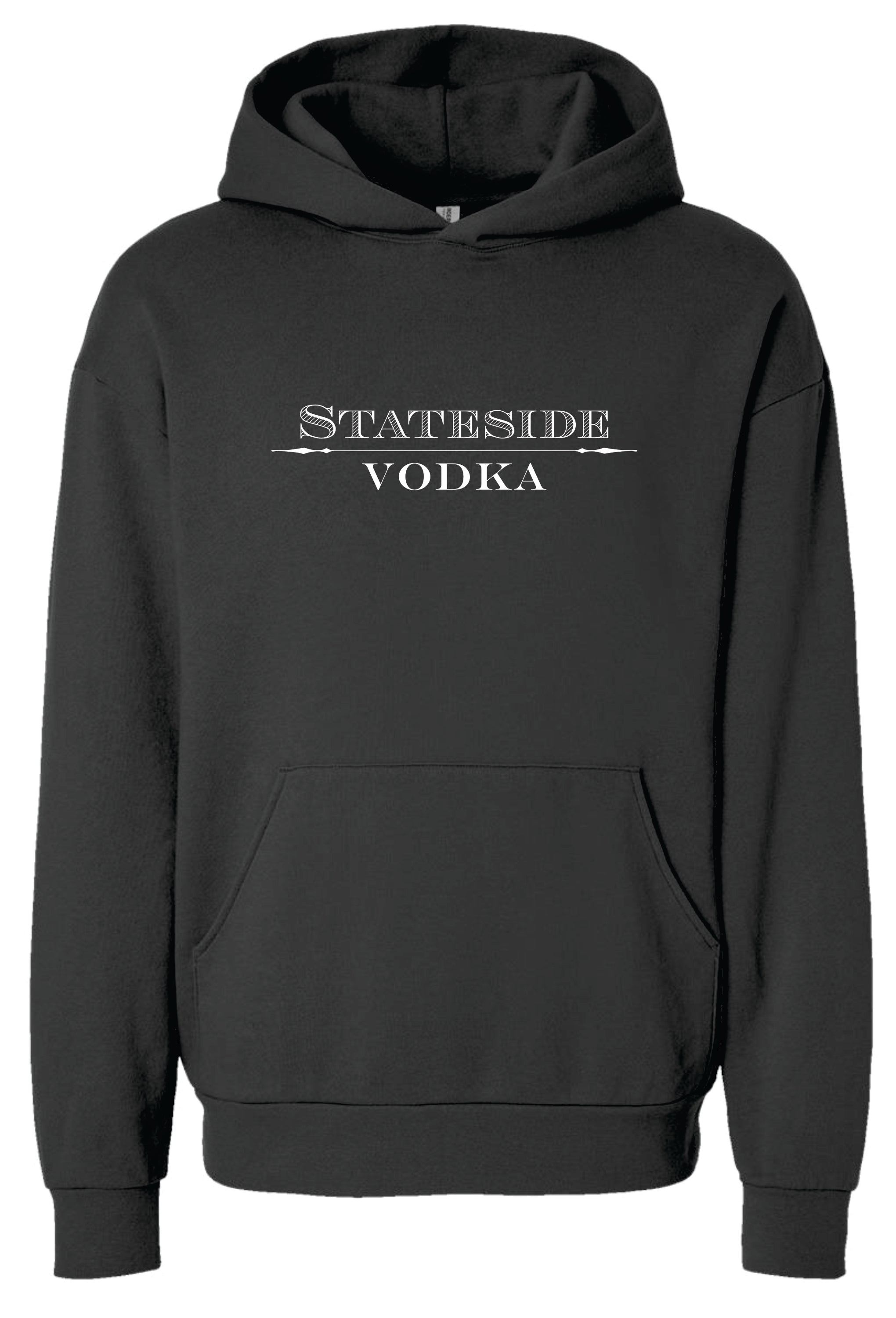 Black hoodie with 'Stateside Vodka' text on a white background