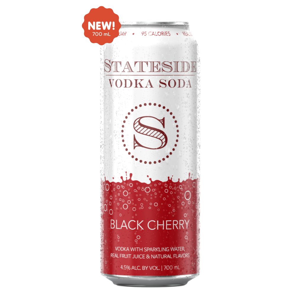 A can of Stateside Black Cherry Vodka Soda with red and white labeling, indicating 4.5% ABV and 95 calories