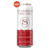 A can of Stateside Black Cherry Vodka Soda with red and white labeling, indicating 4.5% ABV and 95 calories