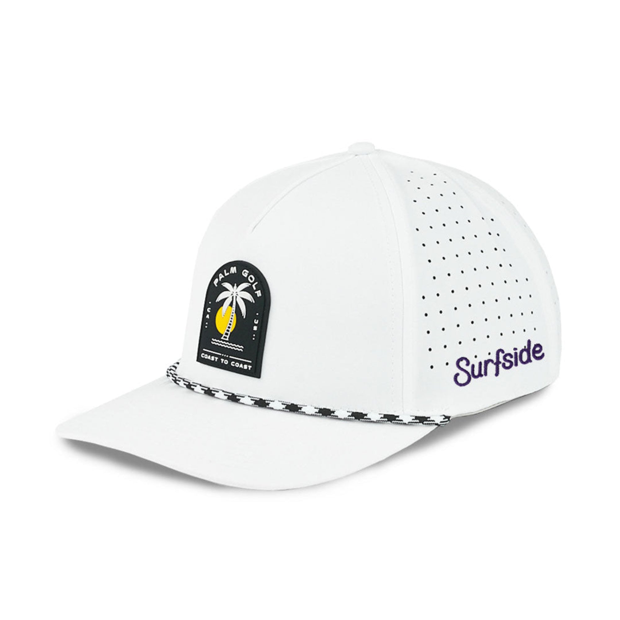 White breathable glove hat with breathing holes on the side. Rope bim, and Palm Golf Palm tree Logo on the front of the hat and 'Surfside' text on the side with a white background