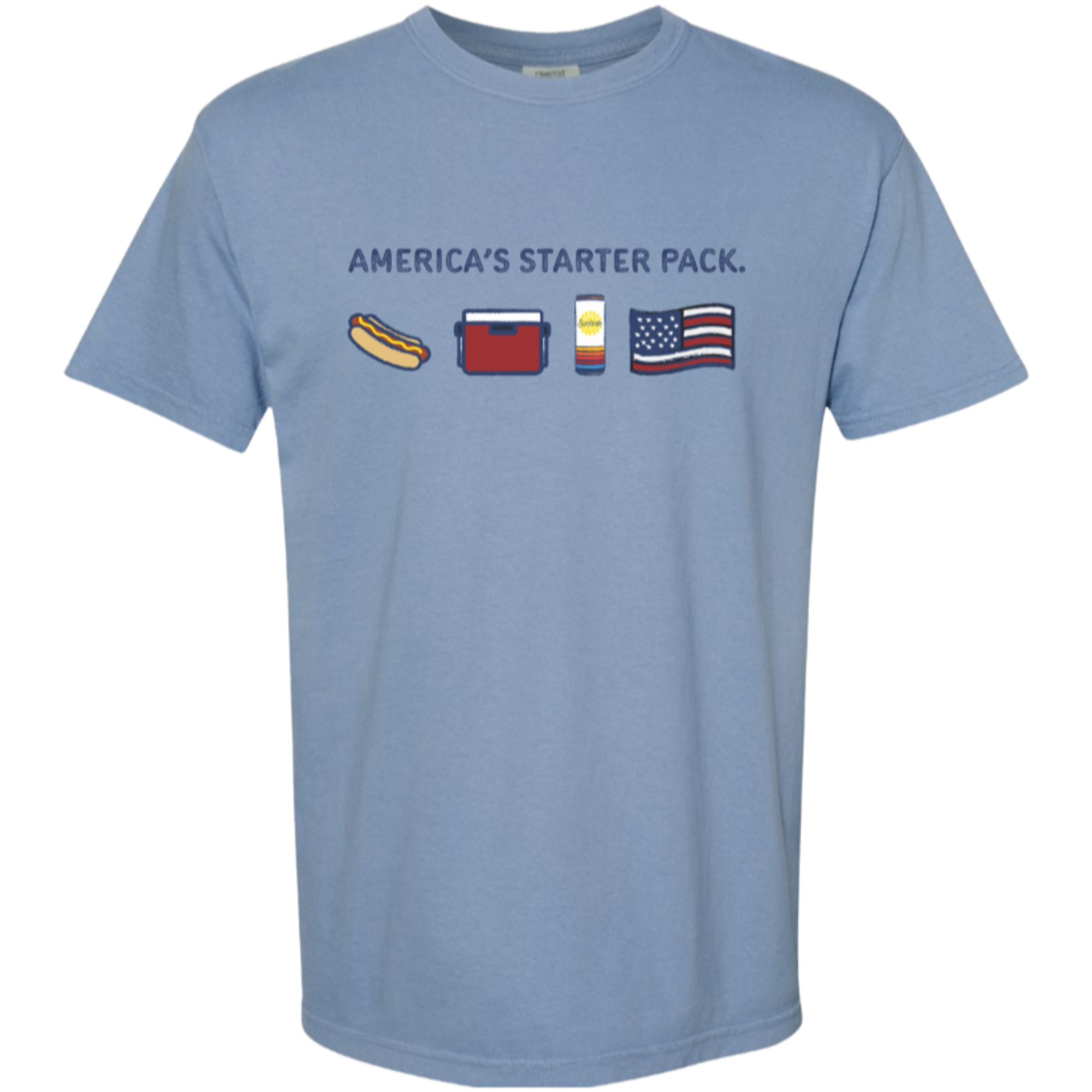Light blue t-shirt featuring America's Start Pack showing a hotdog, a red cooler, a Surfside can and an American Flag graphic and text on a white background