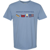 Light blue t-shirt featuring America's Start Pack showing a hotdog, a red cooler, a Surfside can and an American Flag graphic and text on a white background