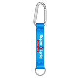 A blue nylon keychain with a silver carabiner and key ring, featuring the 'Super Lyte Vodka + Ade' brand logo printed vertically in white and blue on the strap.
