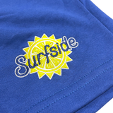 Close up of Surfside Logo placed on the blue sweat shorts 