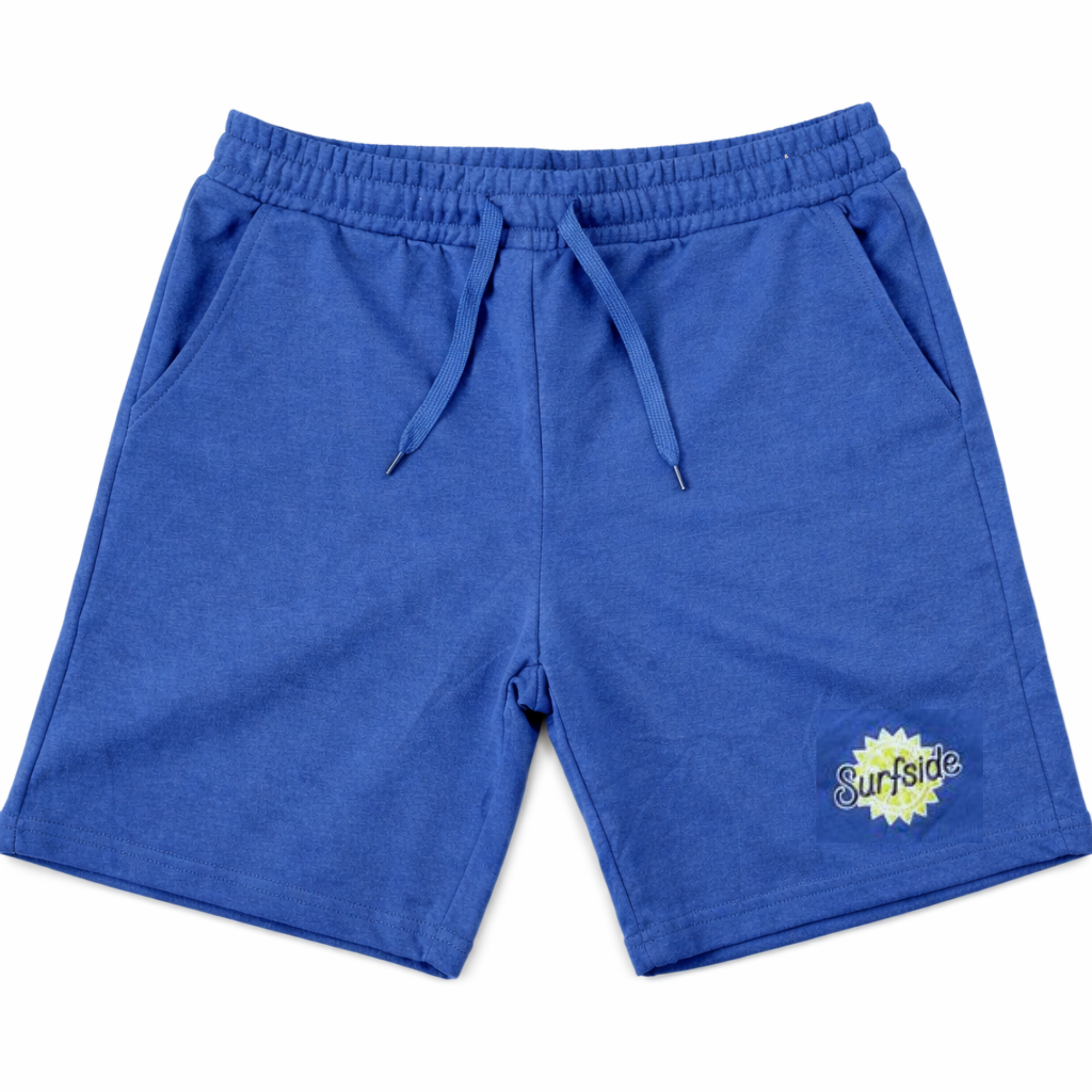 Blue sweat shorts with a 'Surfside' logo on a white background