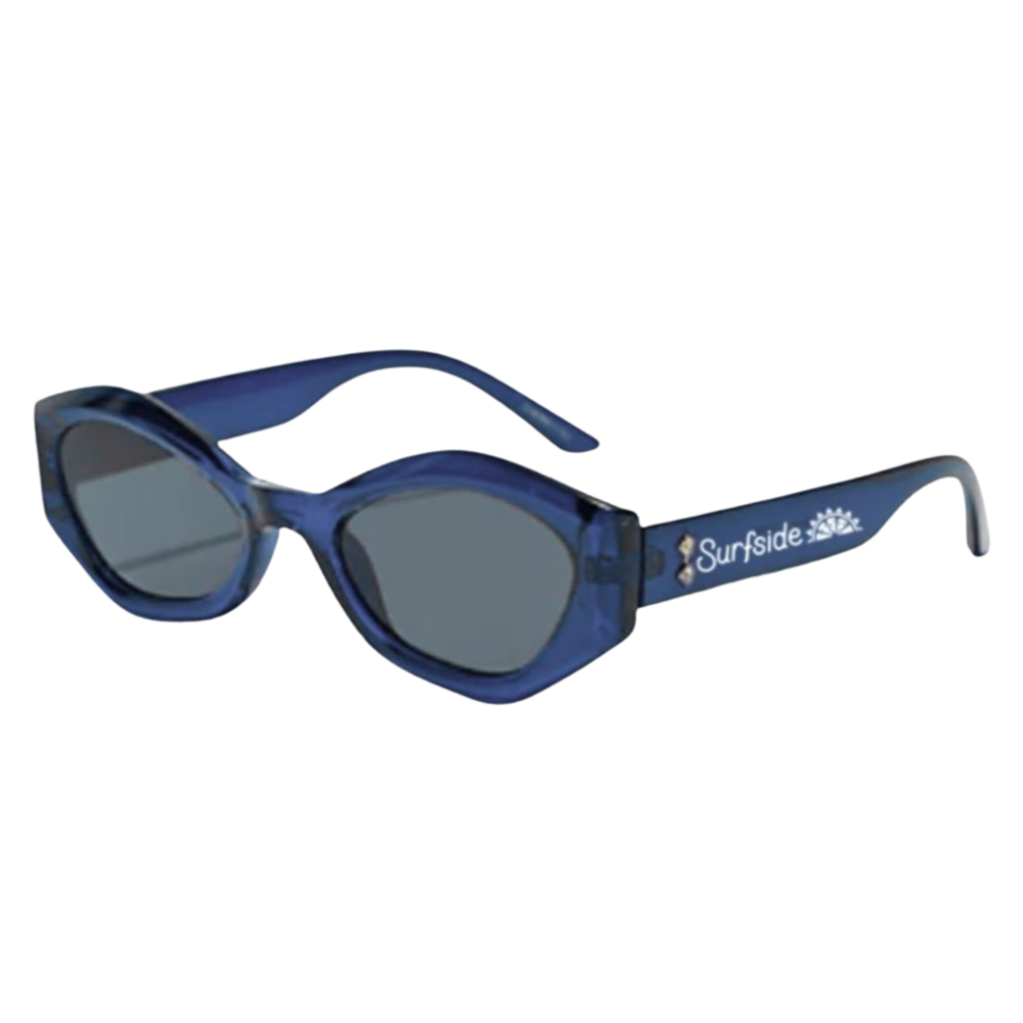 Blue sunglasses with 'Surfside' branding on a white background