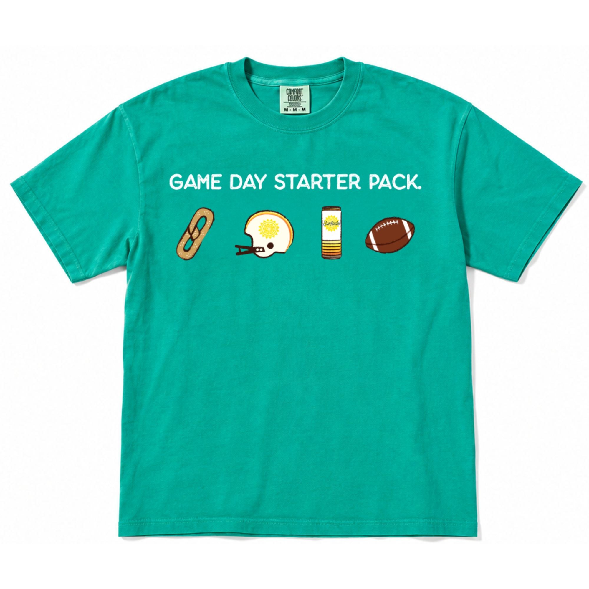 Green Shirt that says game day starter pack featuring a soft pretzel, football helmet, a surfside, and a football