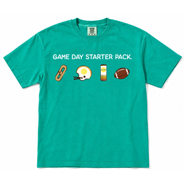 Green Shirt that says game day starter pack featuring a soft pretzel, football helmet, a surfside, and a football