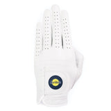 White golf glove with a logo on a white background