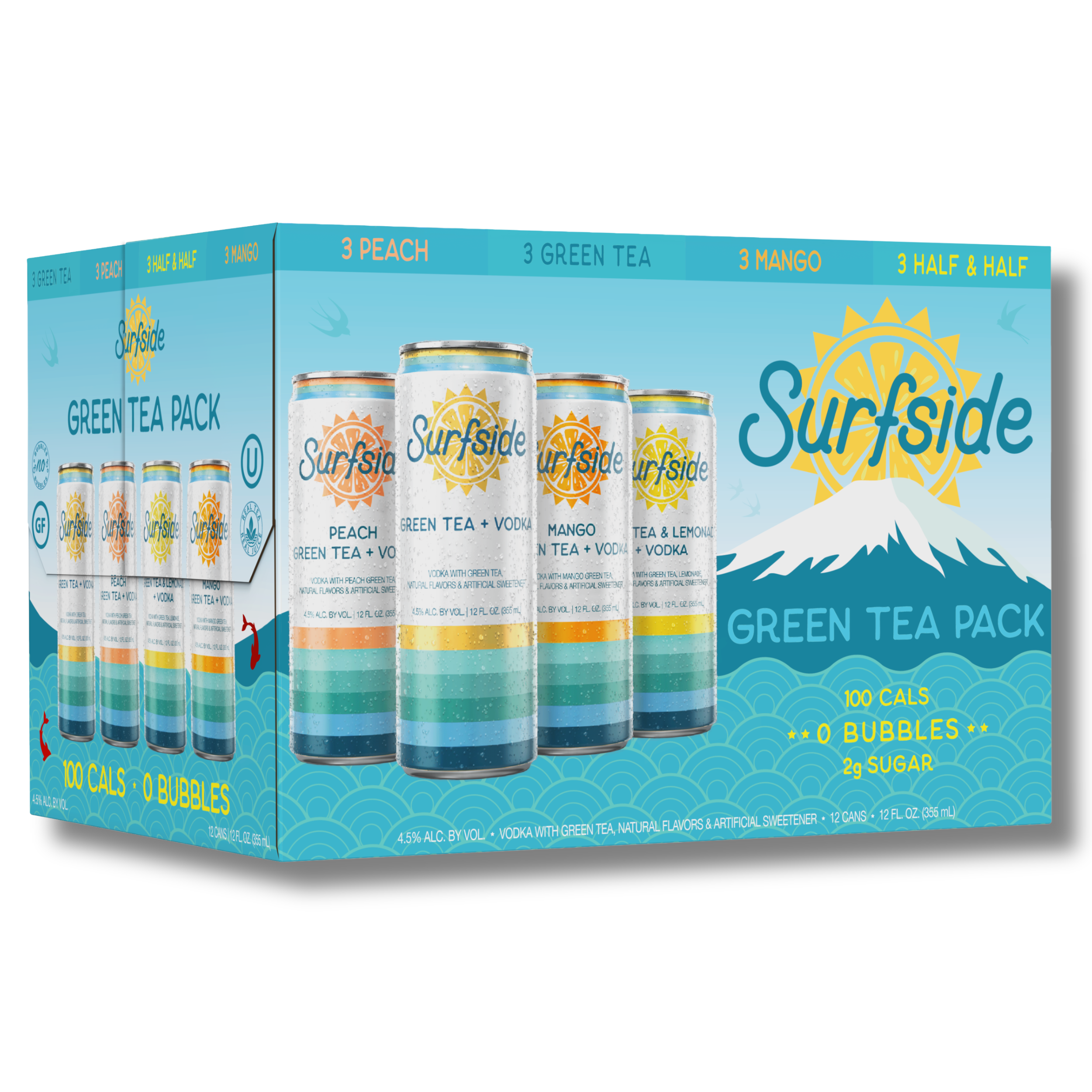 Surfside Green Tea Variety 12 Pack of Peach Green Tea and Vodka, Green Tea and Vodka, Mango Green Tea and Vodka and Ice Tea and Lemonade Vodka. The pack shows the Surfside logo with a snow capped mountain calling out 100 calories, 0 bubbles and 2 grams of sugar.