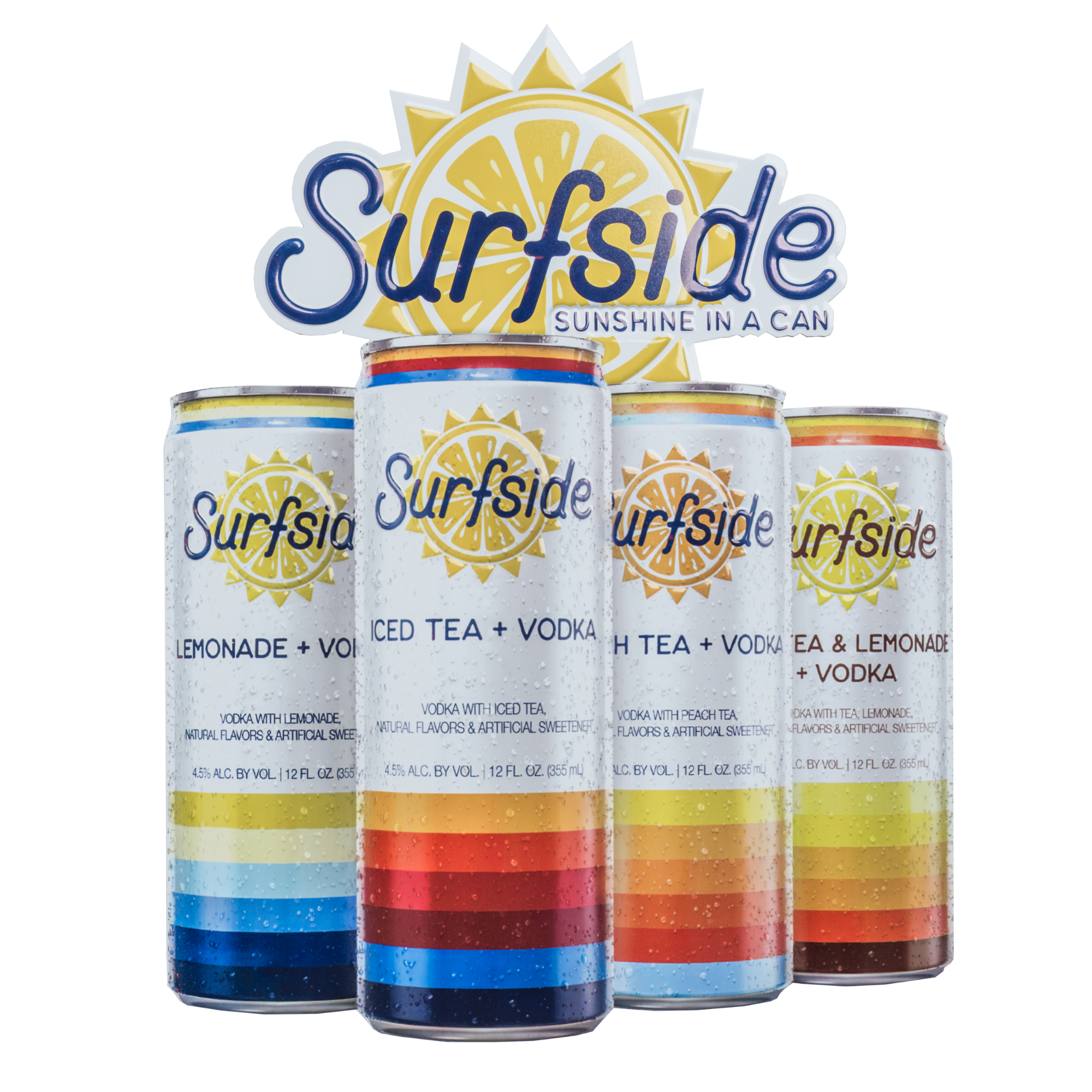A tin tacker of four cans of Surfside drinks with branded Lemonade and Vodka, Ice Tea and Vodka, Peach Tea and Vodka and Ice Tea and Lemonade and Vodka with the Surfside logo on a white background