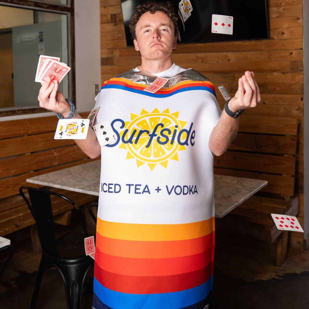 Person wearing a Ice Tea and Vodka can costume in a bar setting
