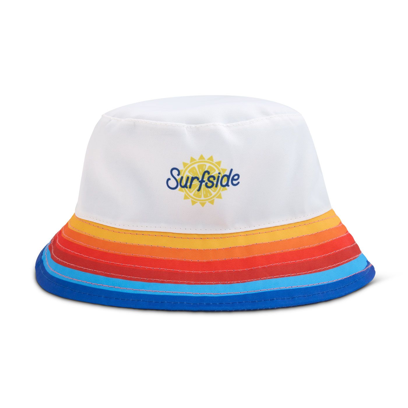 White bucket hat with colorful rim and 'Surfside' logo on a white background