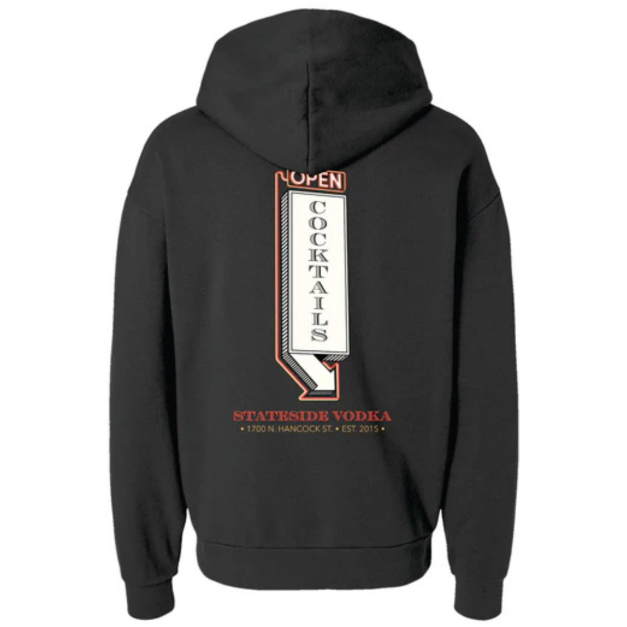 A black pullover hoodie shown from the back, featuring a large graphic print of a stylized vodka bottle with the words 'OPEN COCKTAILS' and 'STATESIDE VODKA' in red, white, and black.