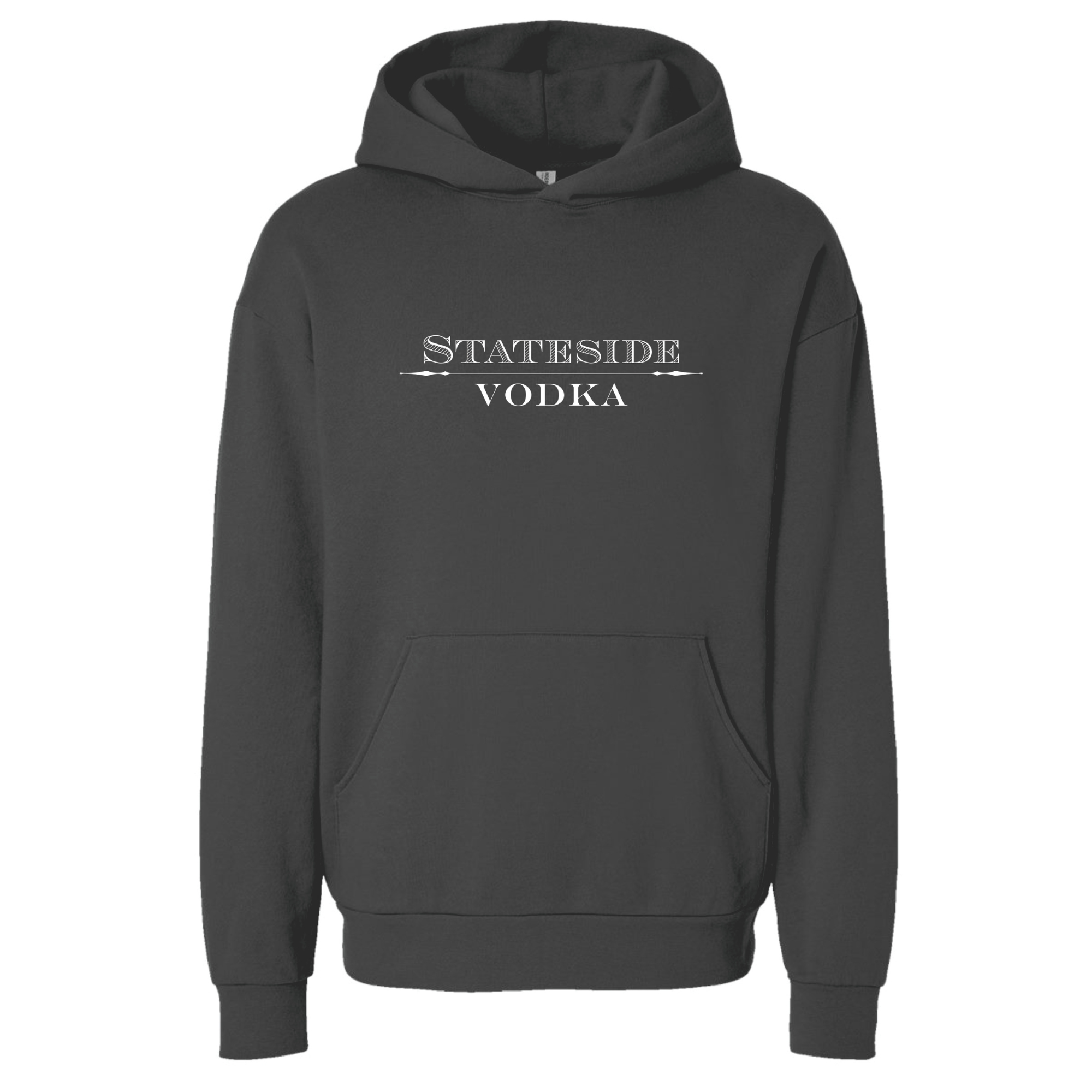 Black hoodie with 'Stateside Vodka' text on a white background