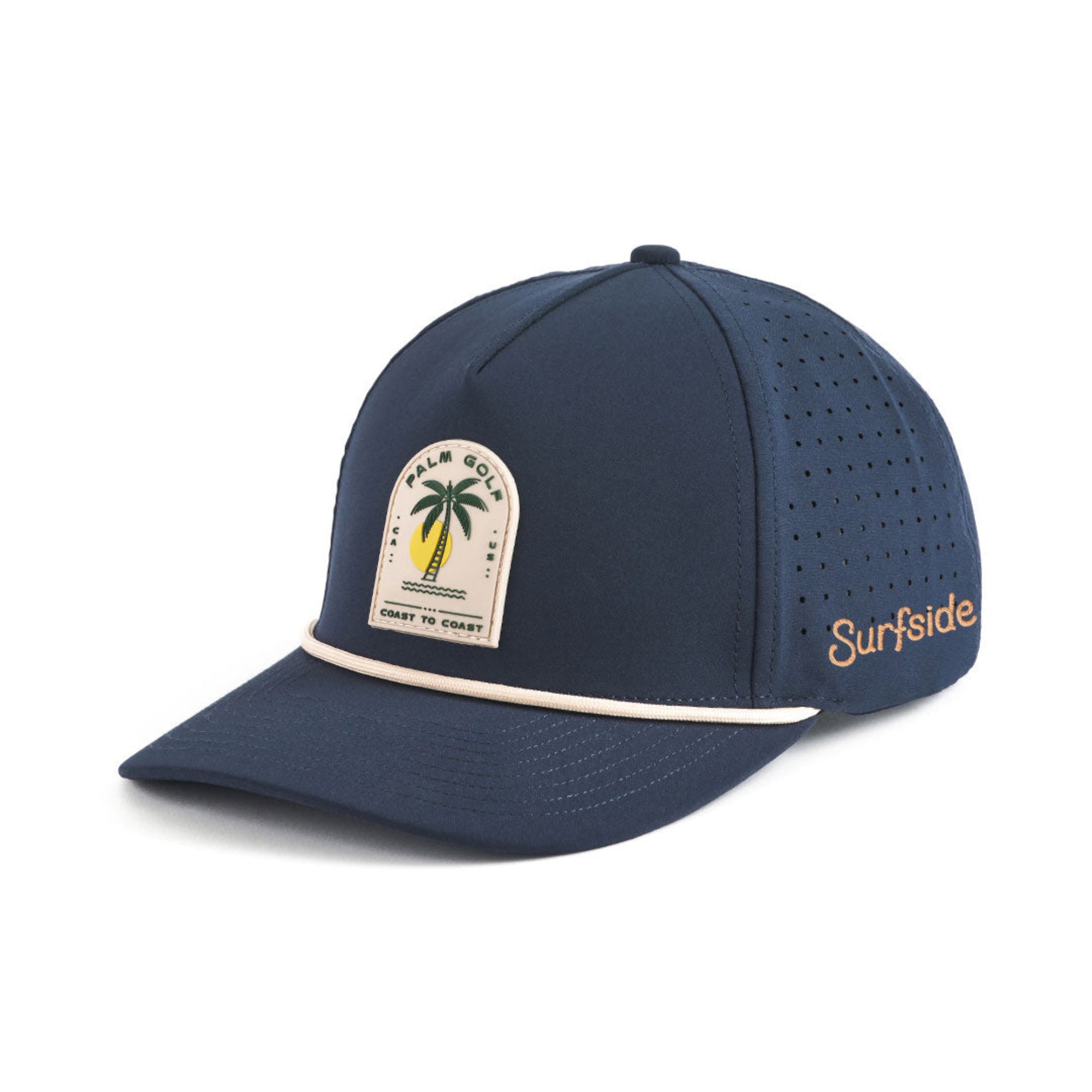 Navy blue cap with Palm Golf palm tree logo patch and 'Surfside' branding in orange placed on a white background