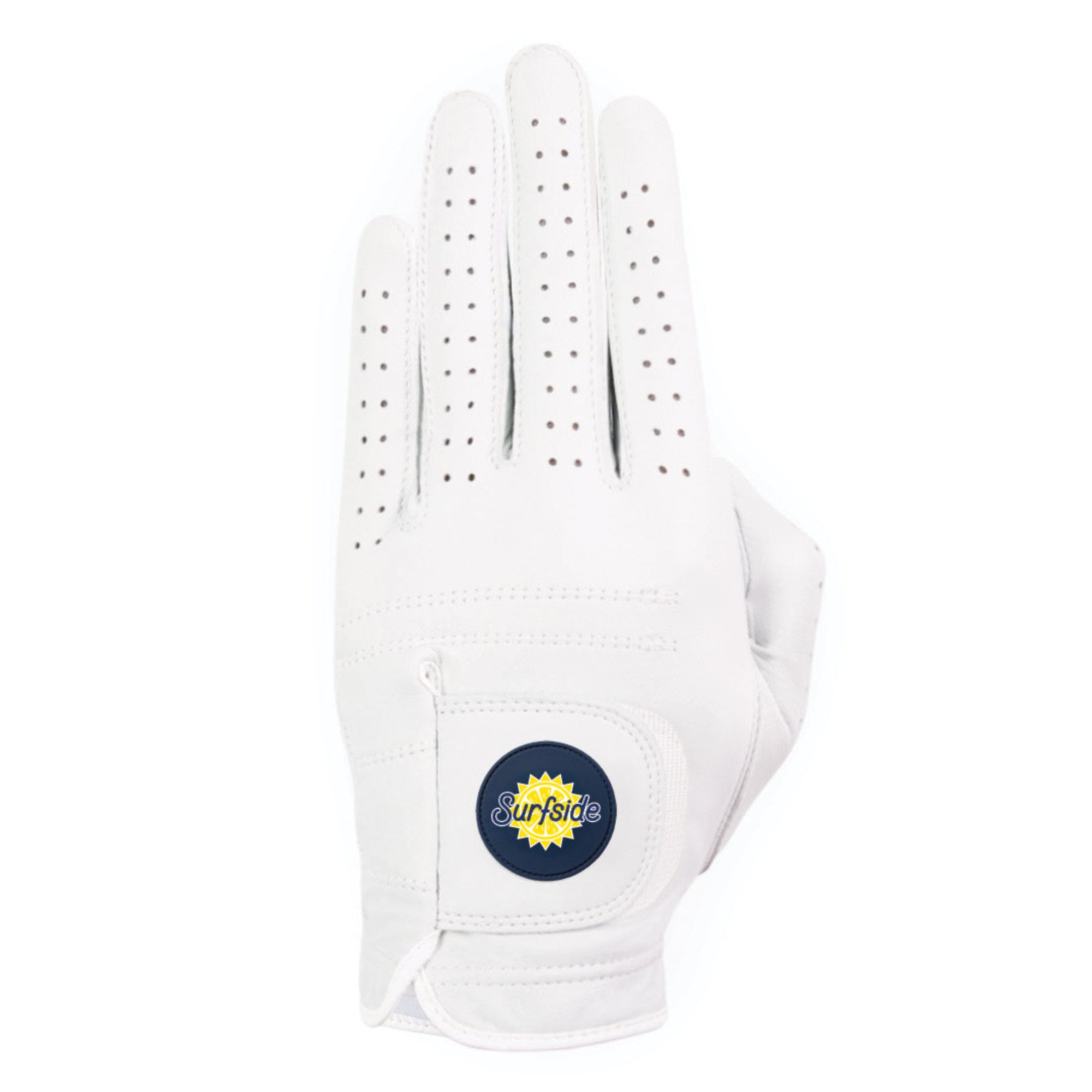 White golf glove with a Navy blue Surfside logo on a white background