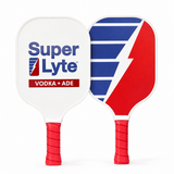 Two pickleball paddles with red wrapped handles, shown side by side on a white background. The left paddle is white with blue and red 'Super Lyte VODKA + ADE' branding.