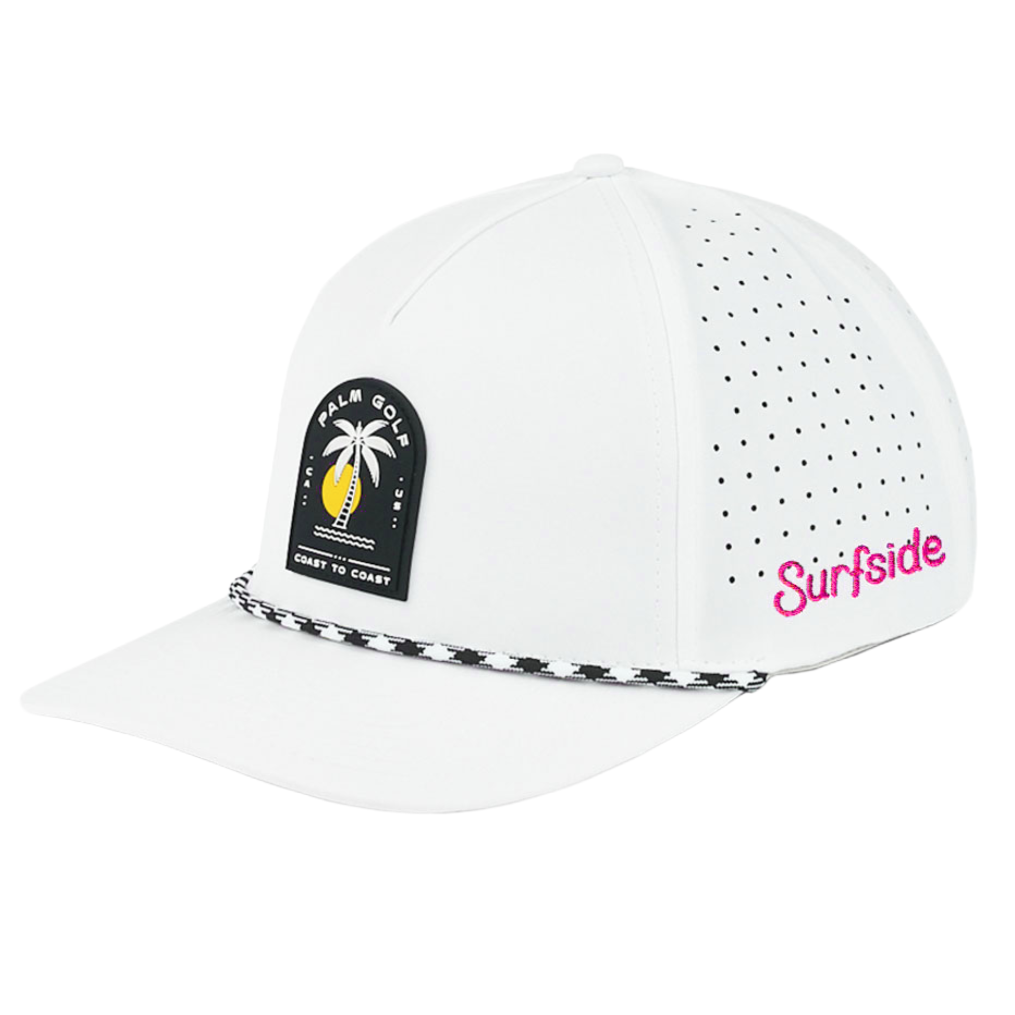 White cap with 'Surfside' branding in pink, rope brim, and palm tree logo on a white background