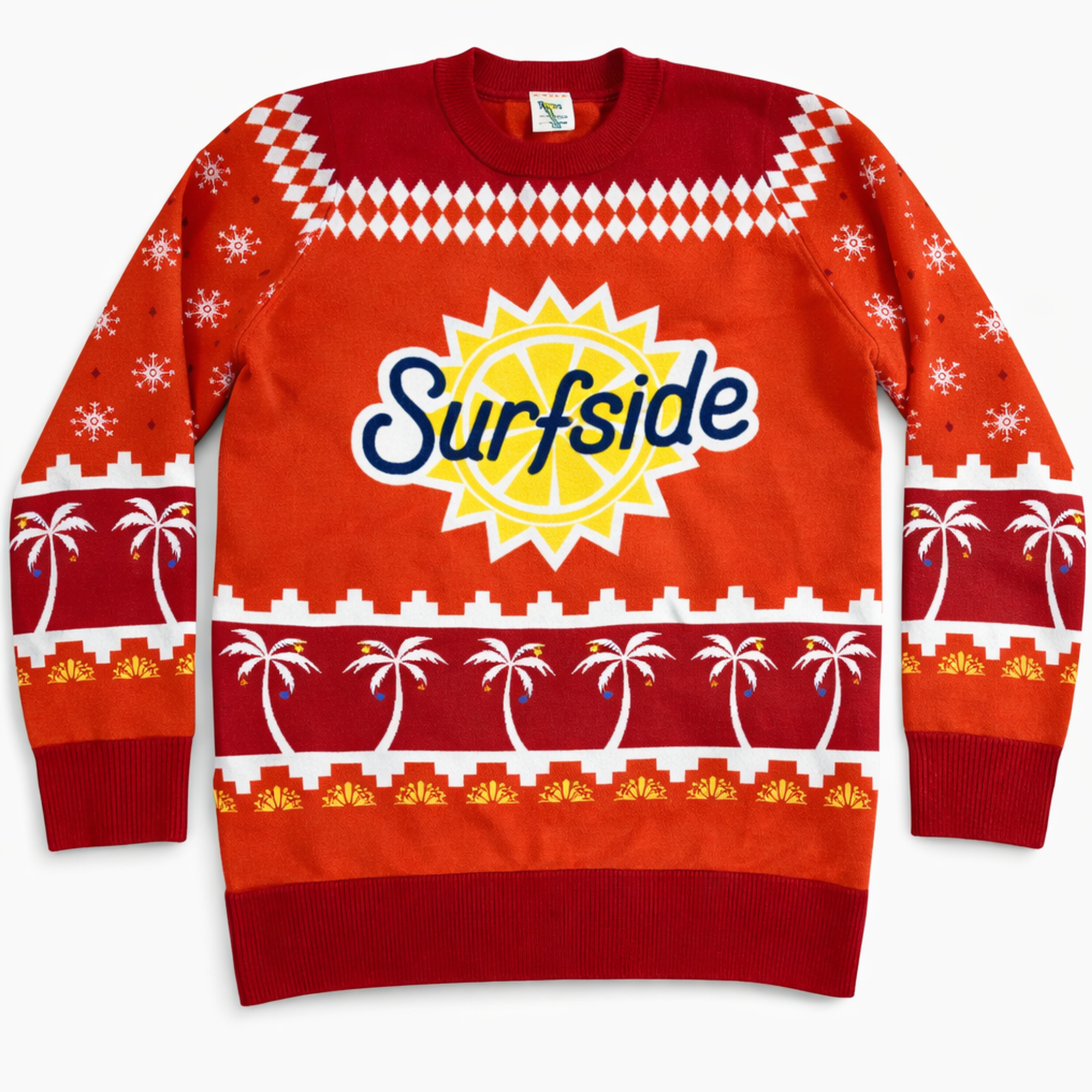 Red holiday sweater with 'Surfside' logo and beach-themed patterns on a white background