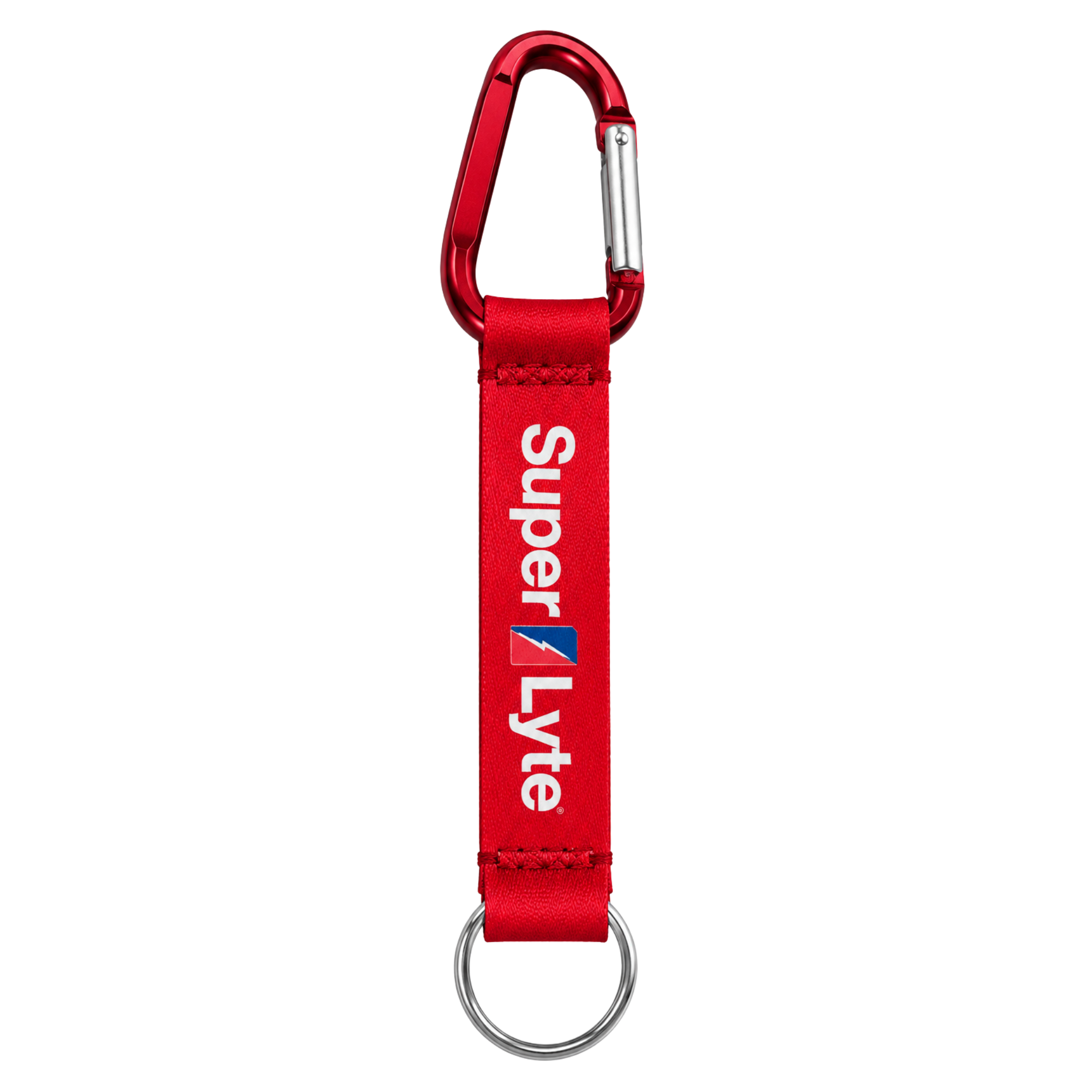 A red nylon keychain with a red carabiner and silver key ring, featuring the 'Super Lyte' brand logo printed vertically in white and blue on the strap.