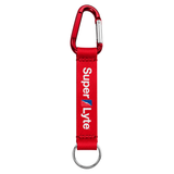 A red nylon keychain with a red carabiner and silver key ring, featuring the 'Super Lyte' brand logo printed vertically in white and blue on the strap.