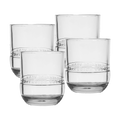 A set of four clear Stateside Vodka bottle rocks glasses with engraved Stateside Vodka on them.