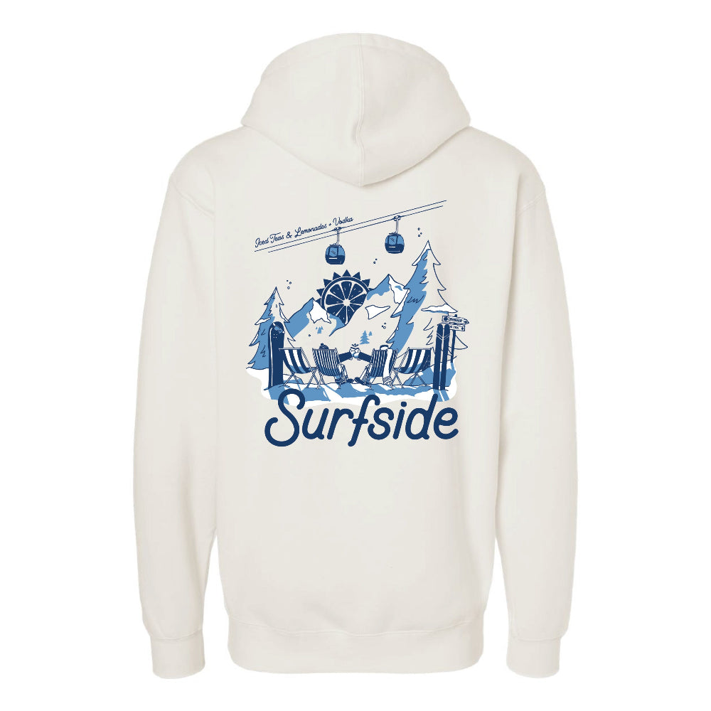 Cream hoodie with blue graphic and 'Surfside' text and graphic on a white background