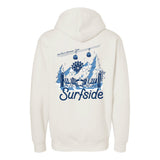 Cream hoodie with blue graphic and 'Surfside' text and graphic on a white background