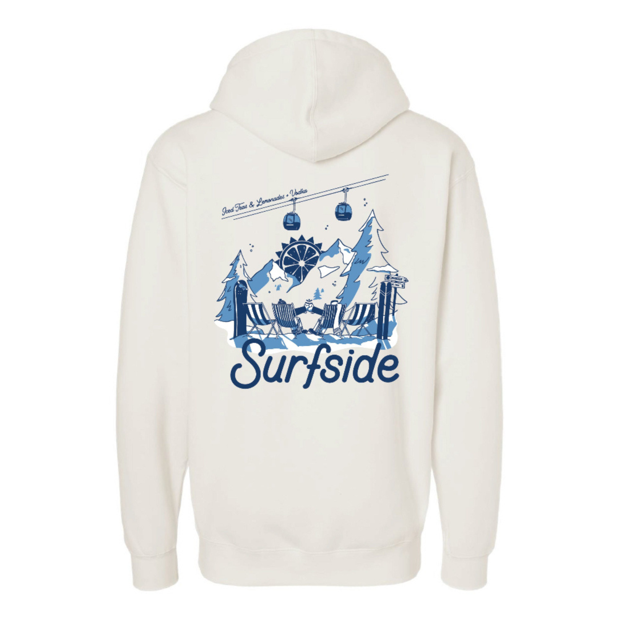 Cream hoodie with blue graphic and 'Surfside' text and graphic on a white background
