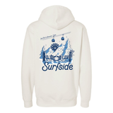 Cream hoodie with blue graphic and 'Surfside' text and graphic on a white background
