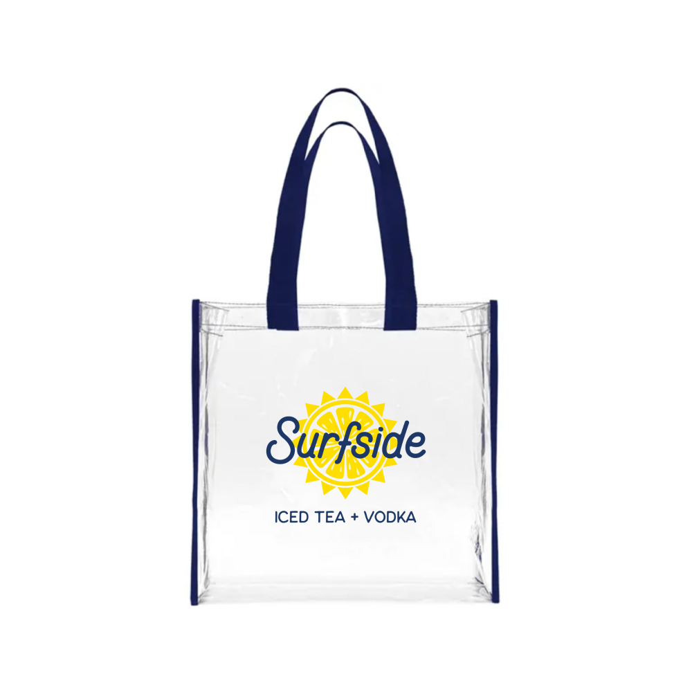 A clear plastic stadium bag with the 'Surfside Iced Tea + Vodka' logo printed in the center, featuring blue straps.