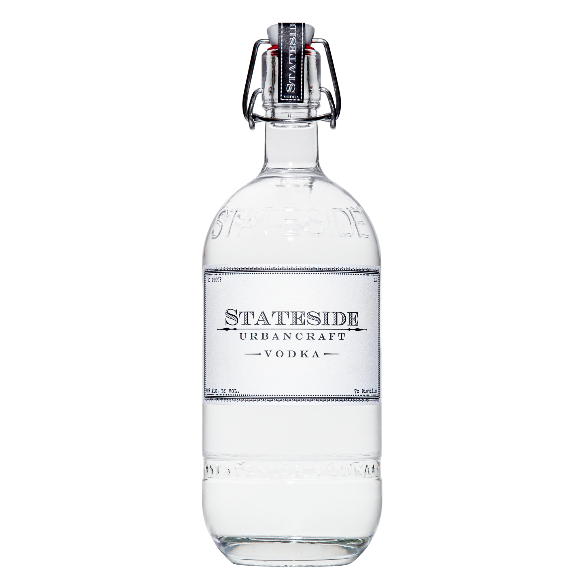 Glass engraved Stateside Urban Craft 1 liter Bottle with white labeling and a pop closure at the top with a Stateside label
