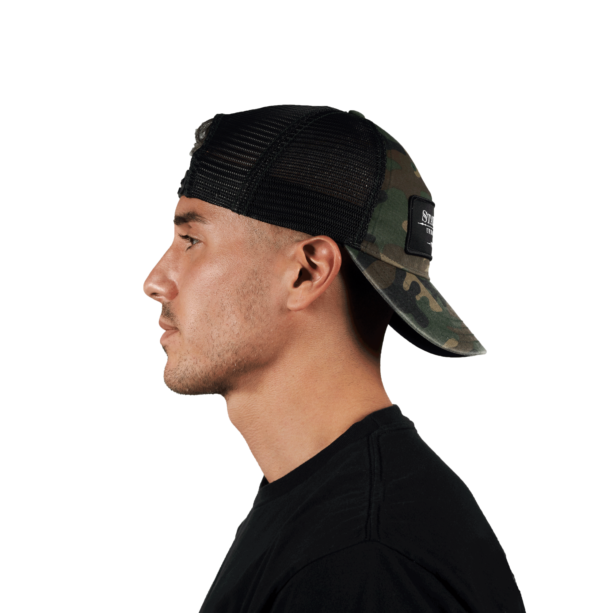 Side profile of a person wearing the Stateside Vodka Camo Trucker Hat