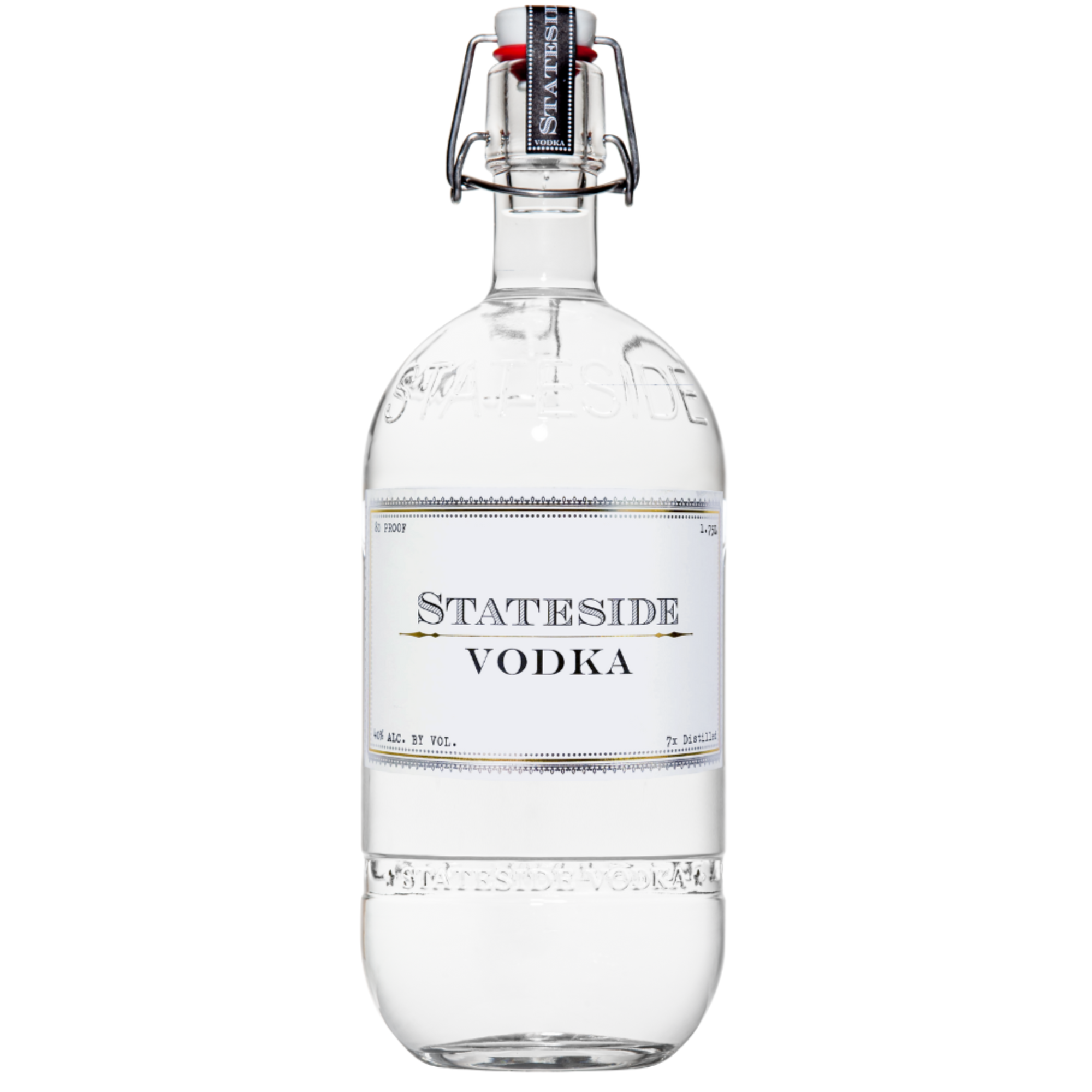 1.75 Liter Stateside Vodka bottle with gold label and swing top lid on a white background