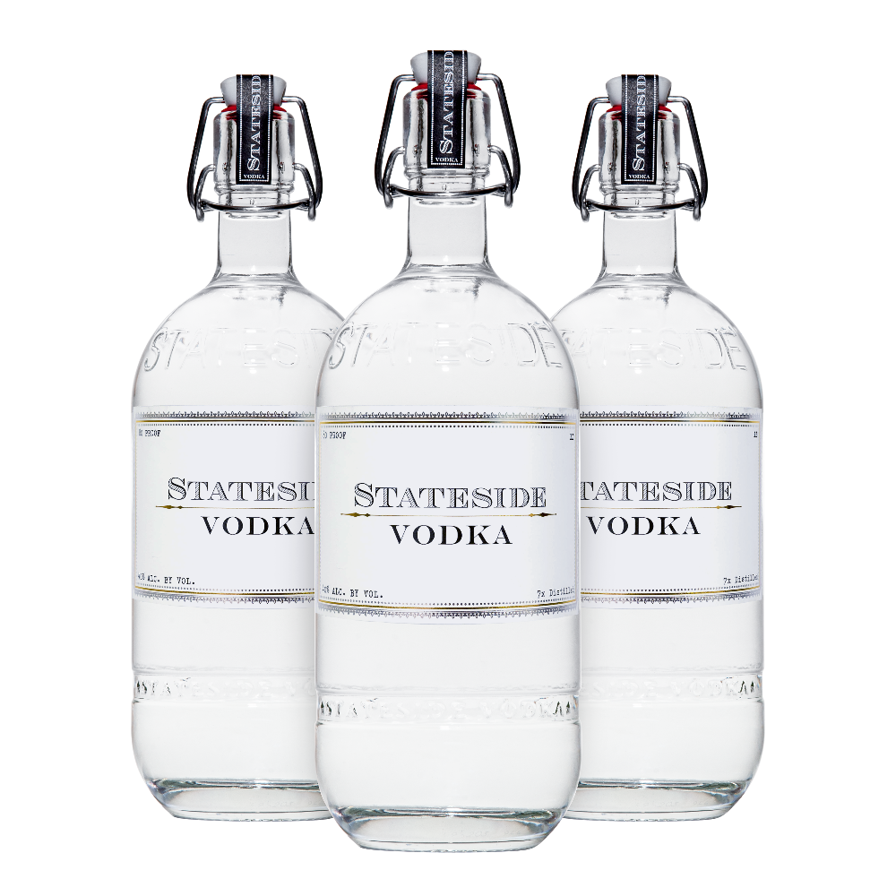Three bottles bundle of Stateside Vodka 1 liter on a white background