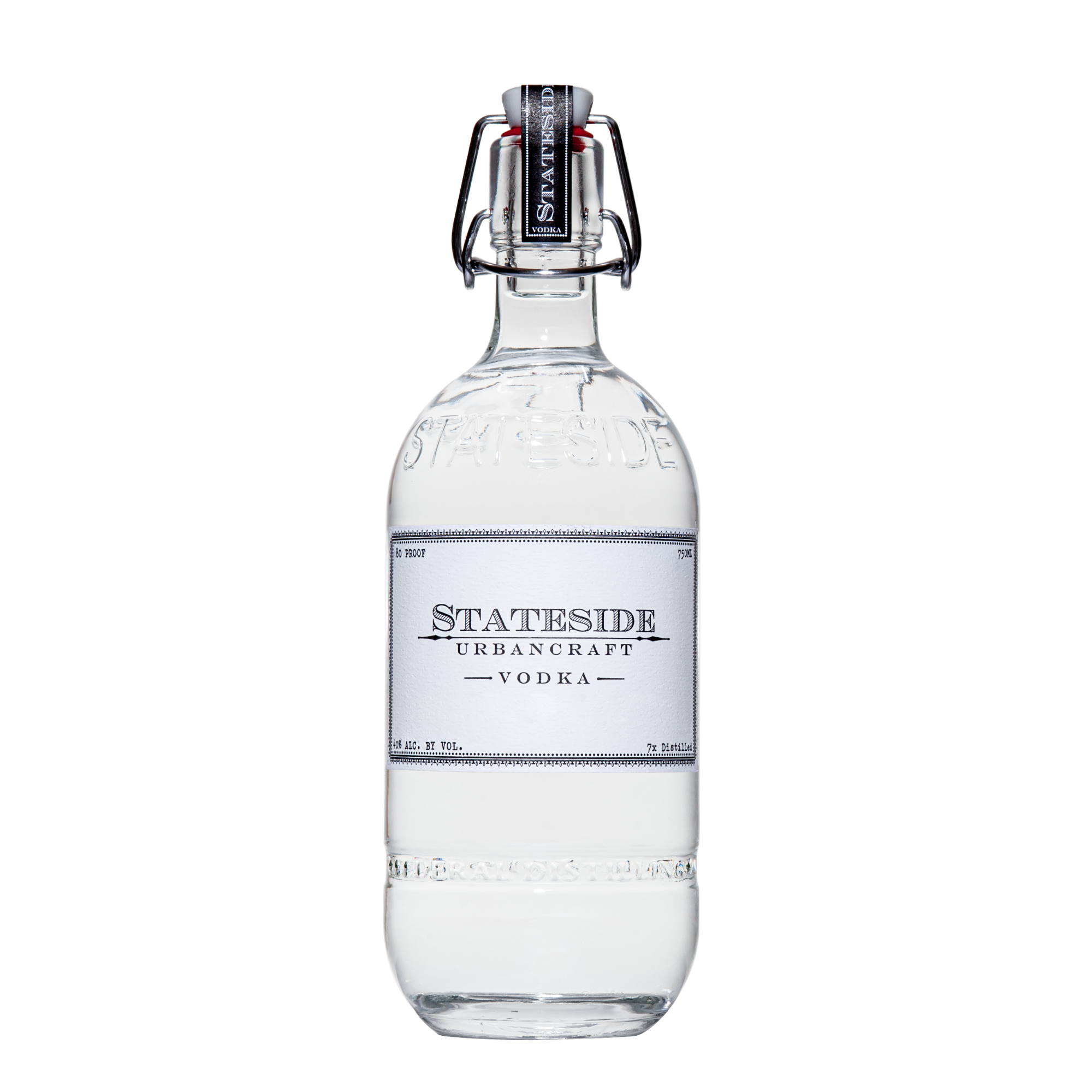 Stateside Urban Craft Vodka 750 mL bottle with Stateside Vodka label and a swing top lid cap feature with a Stateside Vodka sticker enclosure.