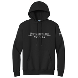 Black hoodie with 'Stateside Vodka' logo on a white background and a round Stateside Vodka logo on the sleeve.