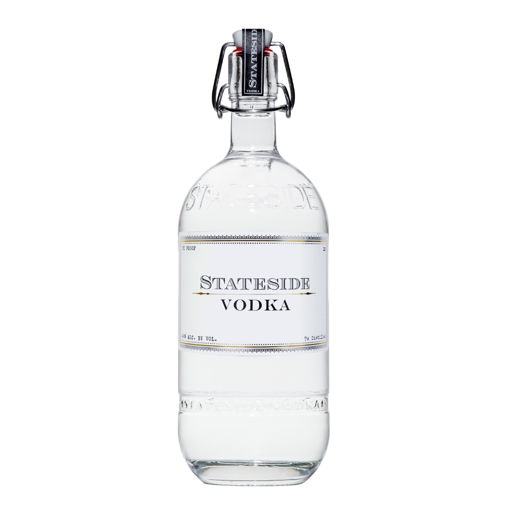 1 liter Stateside Vodka bottle with gold label on a white background