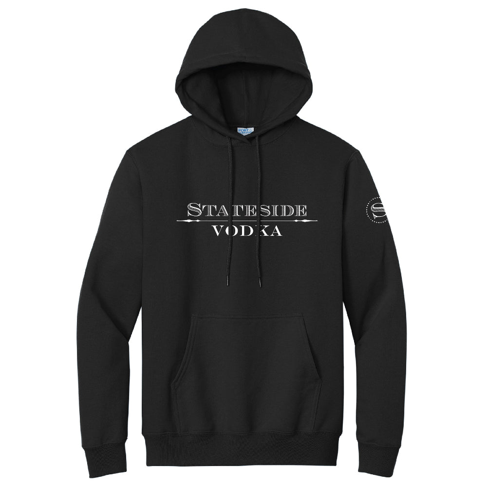 Black hoodie with 'Stateside Vodka' logo on a white background and a round Stateside Vodka logo on the sleeve.