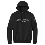 Black hoodie with 'Stateside Vodka' logo on a white background and a round Stateside Vodka logo on the sleeve.